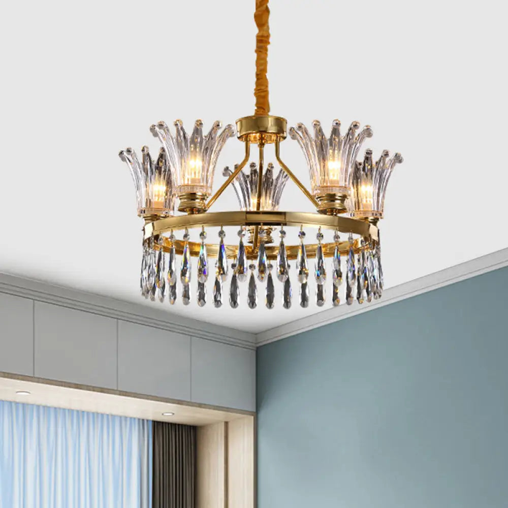 Classic Gold Flared Chandelier With Clear Crystals - 5/8 Bulb Ceiling Pendant 5 /