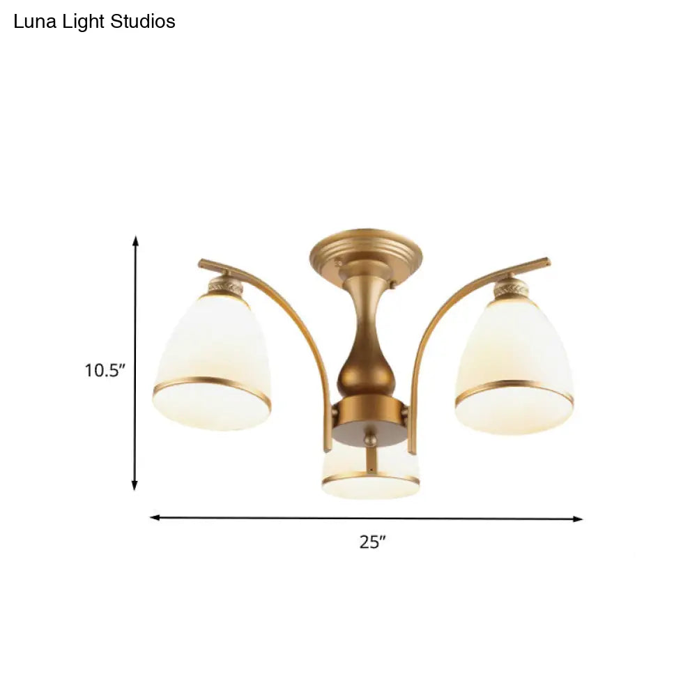 Classic Gold Semi Flush Mount Ceiling Light Fixture With Opal Glass Shades 3/5/8 Lights For Living