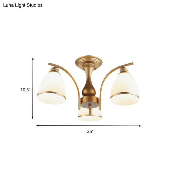 Classic Gold Semi Flush Mount Ceiling Light Fixture With Opal Glass Shades 3/5/8 Lights For Living