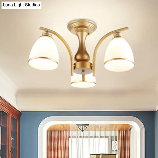 Classic Gold Semi Flush Mount Ceiling Light Fixture With Opal Glass Shades 3/5/8 Lights For Living