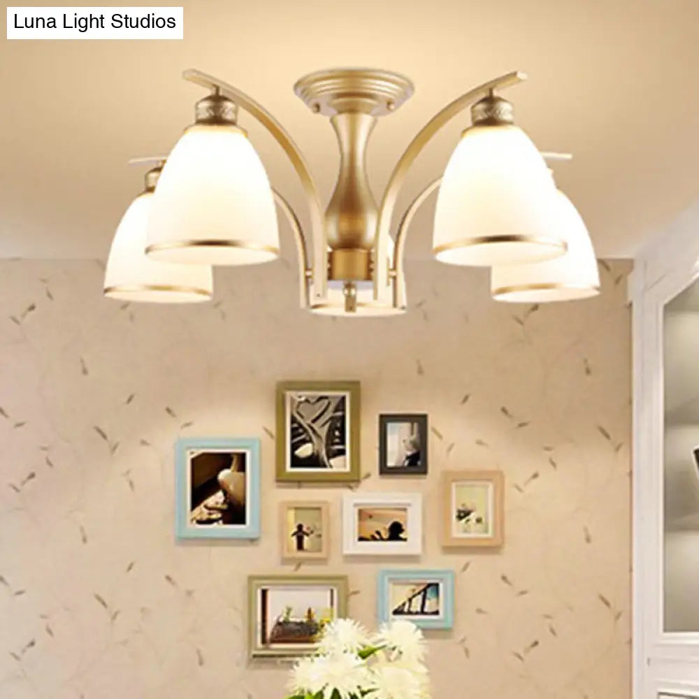 Classic Gold Semi Flush Mount Ceiling Light Fixture With Opal Glass Shades 3/5/8 Lights For Living