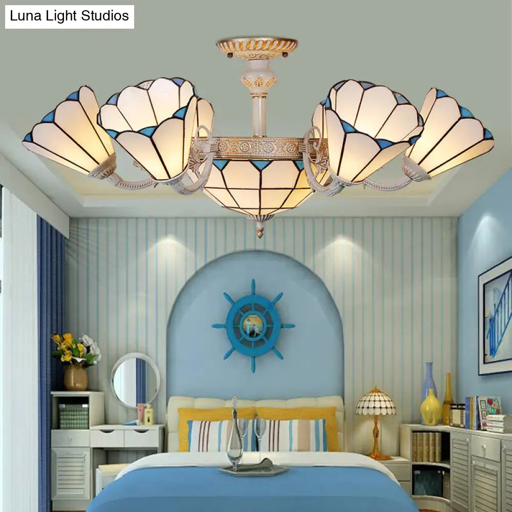 White Glass Cone Hanging Ceiling Light With Multi-Light Chandelier