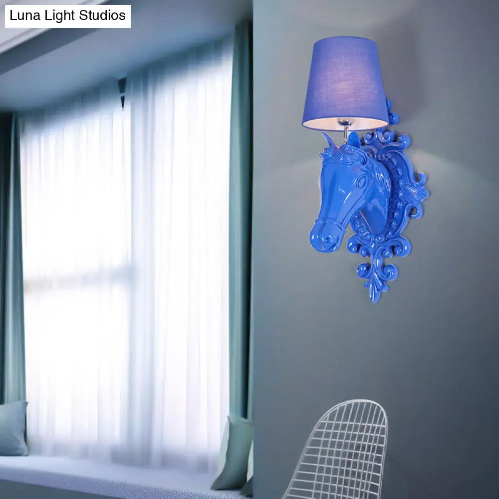 Classic Horse Head 1-Light Blue Resin Sconce With Fabric Shade - Wall Mounted Light Fixture