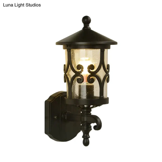 Classic Lantern Clear Bubble/Crackle Glass Sconce Light - 1-Light Wall Lighting For Courtyard Dark