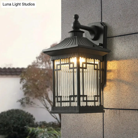 Classic Lantern Wall Mount Light With Prismatic/Tan Glass & Single Bulb - Black/Coffee