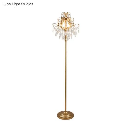 Classic Metal 3-Head Spiral Floor Lamp With Faceted Crystal Droplet And Gold Finish