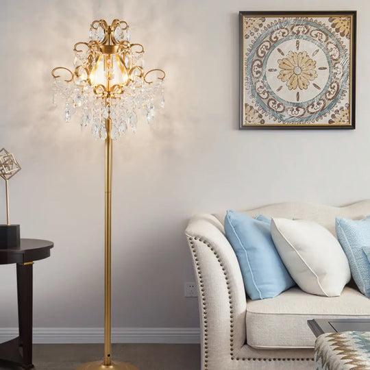 Classic Metal 3-Head Spiral Floor Lamp With Faceted Crystal Droplet And Gold Finish