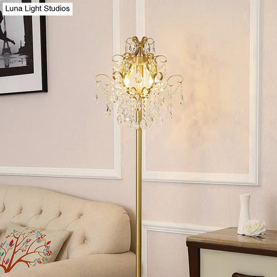 Classic Metal 3-Head Spiral Floor Lamp With Faceted Crystal Droplet And Gold Finish