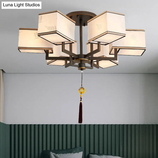 Classic Metal Semi Flush Mount Ceiling Lamp With Fabric Shade - 6/8/10 Lights