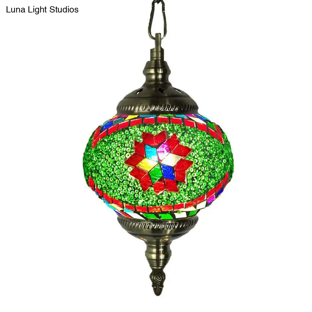 Classic Oblate Stained Glass Ceiling Pendant Light - Restaurant Hanging Lamp With 1 Bulb