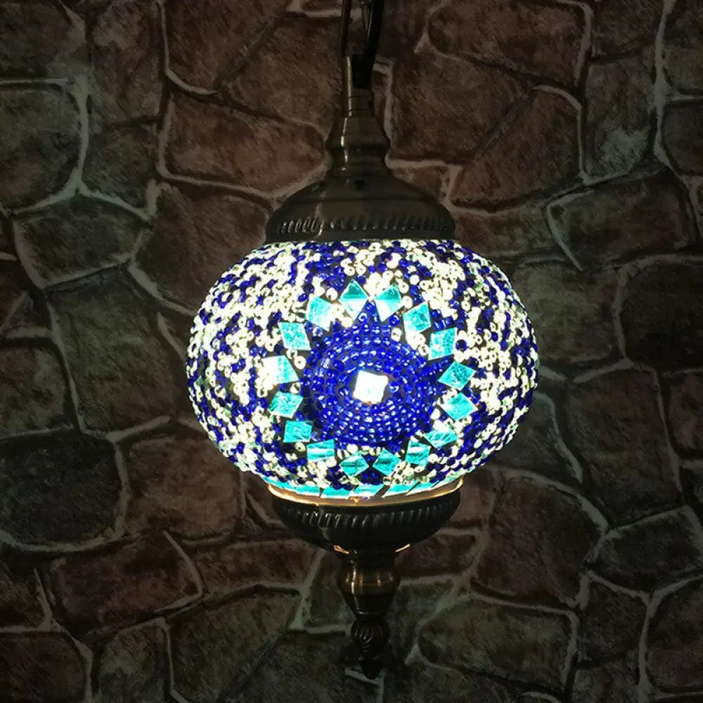 Classic Oblate Stained Glass Ceiling Pendant Light - Restaurant Hanging Lamp With 1 Bulb Blue-White