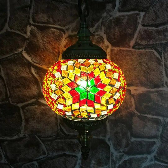 Classic Oblate Stained Glass Ceiling Pendant Light - Restaurant Hanging Lamp With 1 Bulb Red-Yellow