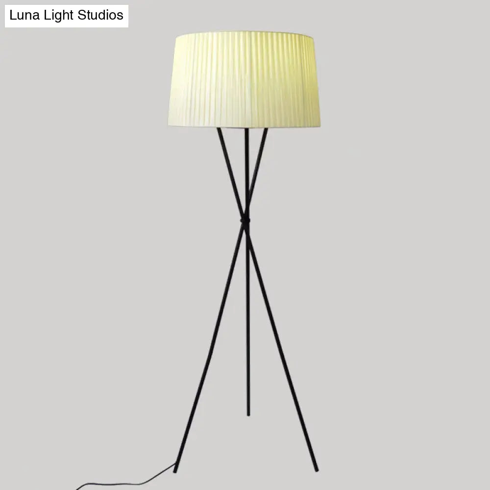 Classic Pleated Drum Shade Floor Lamp With Tripod Base - Single-Bulb Fabric Standing Light