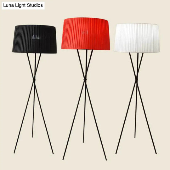 Classic Pleated Drum Shade Floor Lamp With Tripod Base - Single-Bulb Fabric Standing Light