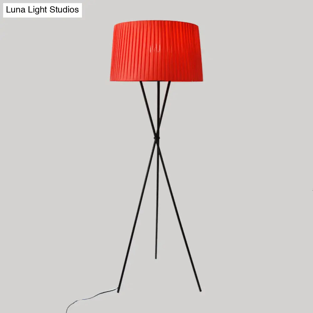 Classic Pleated Drum Shade Floor Lamp With Tripod Base - Single-Bulb Fabric Standing Light