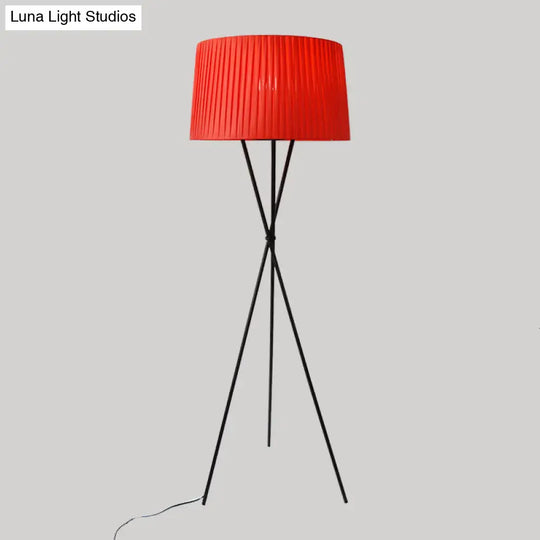 Classic Pleated Drum Shade Floor Lamp With Tripod Base - Single-Bulb Fabric Standing Light