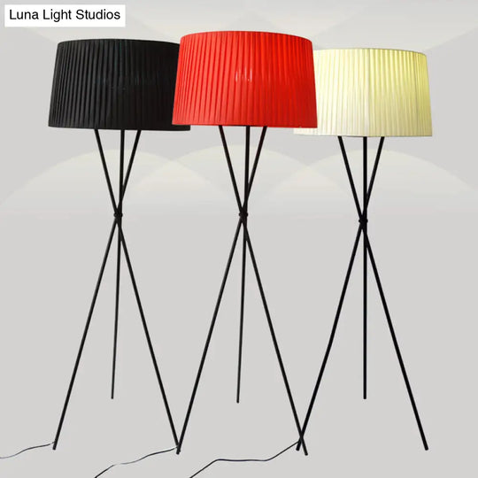 Classic Pleated Drum Shade Floor Lamp With Tripod Base - Single-Bulb Fabric Standing Light