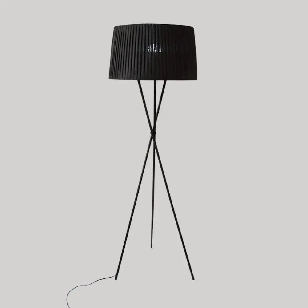 Classic Pleated Drum Shade Floor Lamp With Tripod Base - Single-Bulb Fabric Standing Light Black