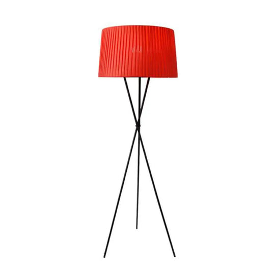 Classic Pleated Drum Shade Floor Lamp With Tripod Base - Single-Bulb Fabric Standing Light Red