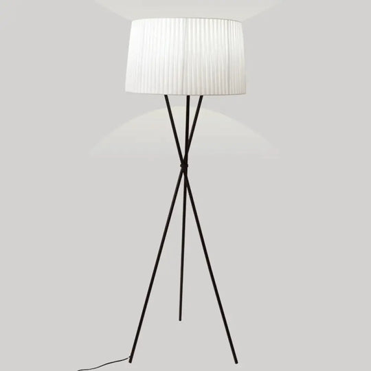 Classic Pleated Drum Shade Floor Lamp With Tripod Base - Single-Bulb Fabric Standing Light White