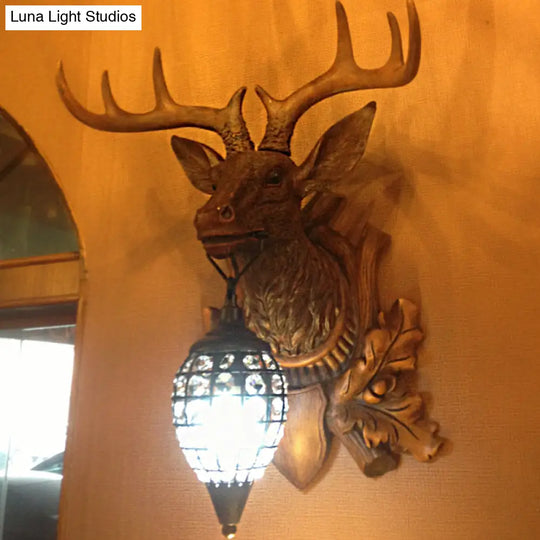 Classic Resin Deer Head Wall Sconce With Clear Teardrop Crystal Shade