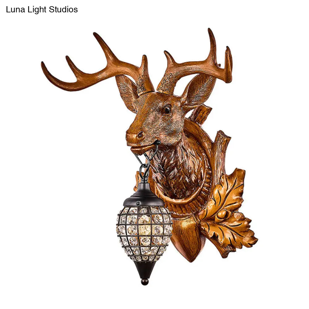 Classic Resin Deer Head Wall Sconce With Clear Teardrop Crystal Shade