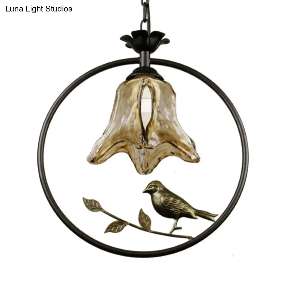 Classic Round/Oval Tan Textured Glass Pendant Light With Bird Accent In Black