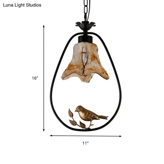 Classic Round/Oval Tan Textured Glass Pendant Light With Bird Accent In Black