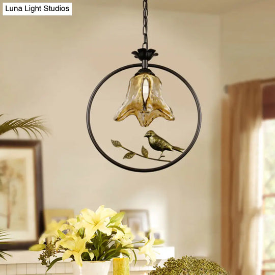 Classic Round/Oval Tan Textured Glass Pendant Light With Bird Accent In Black