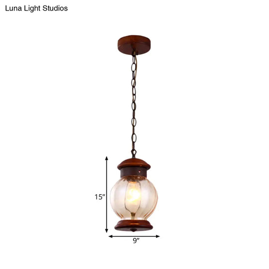 Classic Round Pendant 1-Light Wooden Brown Hanging Ceiling Lamp With Clear Glass Ball Shade