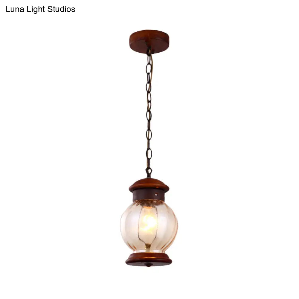 Classic Round Pendant 1-Light Wooden Brown Hanging Ceiling Lamp With Clear Glass Ball Shade