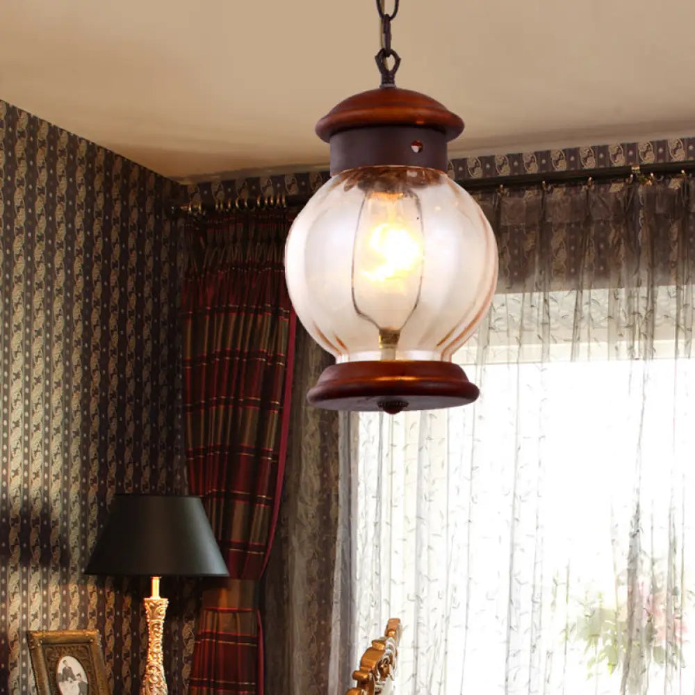Classic Round Pendant 1-Light Wooden Brown Hanging Ceiling Lamp With Clear Glass Ball Shade Wood