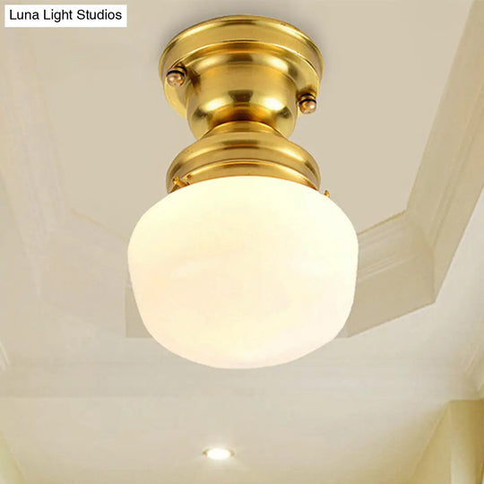 Classic Round White Glass Flush Mount Lamp With Brass 1 Light Ceiling Lighting - For Living Room