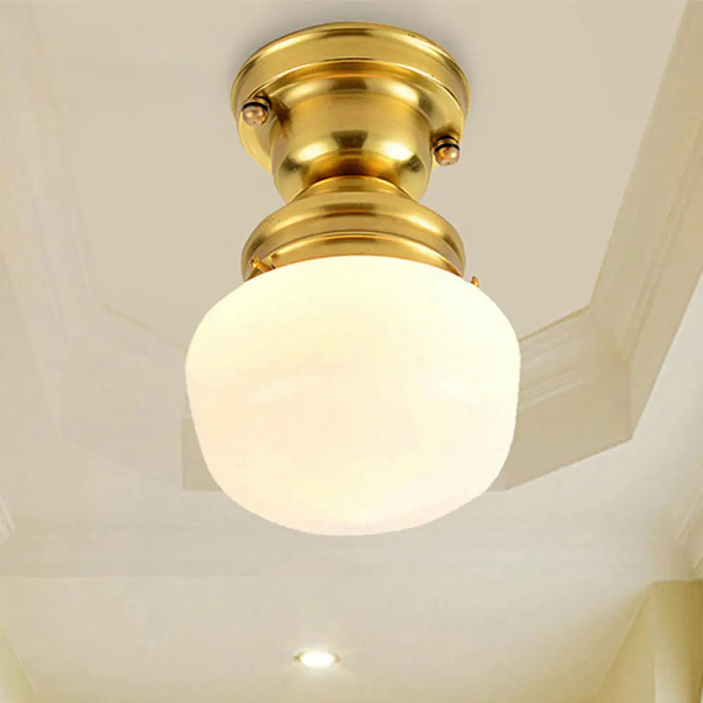 Classic Round White Glass Flush Mount Lamp With Brass 1 Light Ceiling Lighting - For Living Room