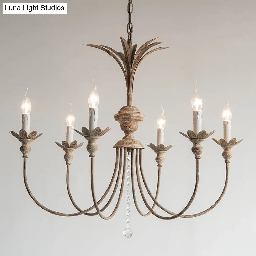 Classic Rustic Iron Chandelier With Crystal Droplets - 6 Bulbs Living Room Ceiling Pendant