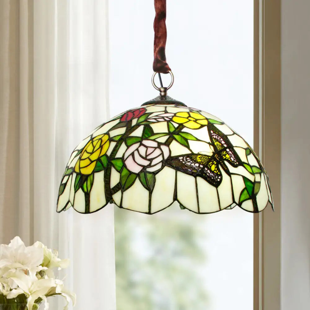 Classic Scalloped Hand Cut Glass Chandelier - 3-Head Suspended Lamp With Floral And Butterfly