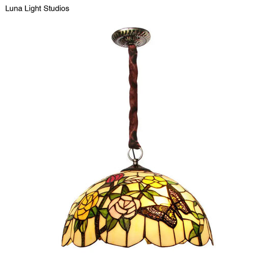 Classic Scalloped 3-Head Bronze Chandelier With Hand Cut Glass Floral & Butterfly Design