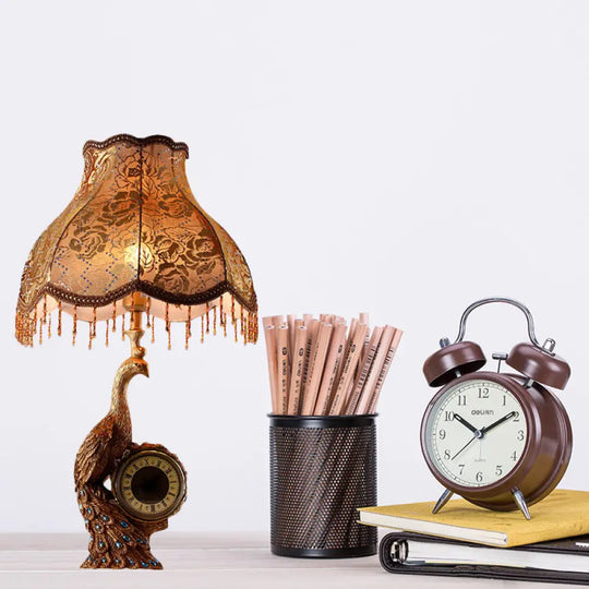 Classic Scalloped Table Light In Brown/Gold For Bedroom With Peacock And Clock Design - 1 Fabric