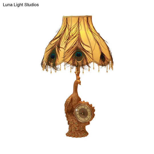 Classic Scalloped Table Light In Brown/Gold For Bedroom With Peacock And Clock Design - 1 Fabric