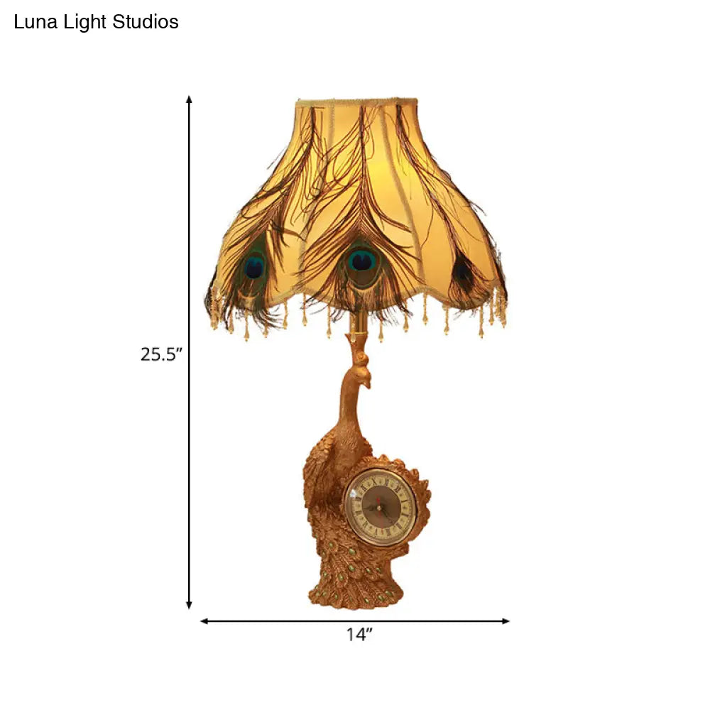 Classic Scalloped Table Light In Brown/Gold For Bedroom With Peacock And Clock Design - 1 Fabric