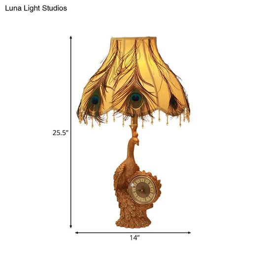 Classic Scalloped Table Light In Brown/Gold For Bedroom With Peacock And Clock Design - 1 Fabric