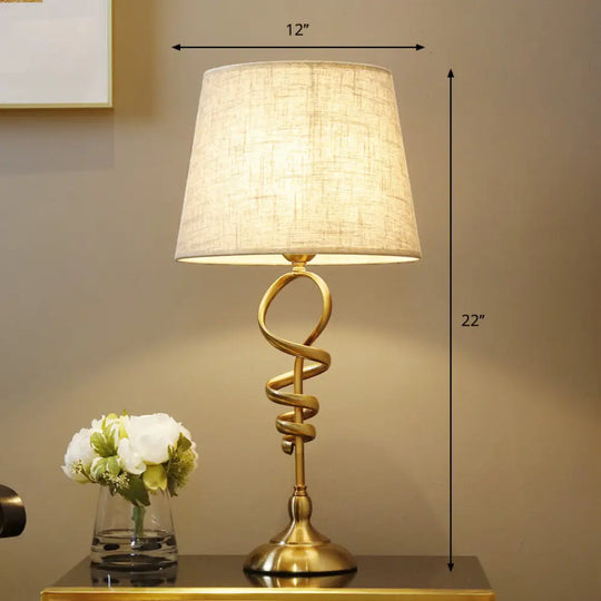 Classic Spiral Metallic Nightstand Lamp With Pleated Fabric Shade - 1 Head Table Lighting Flaxen