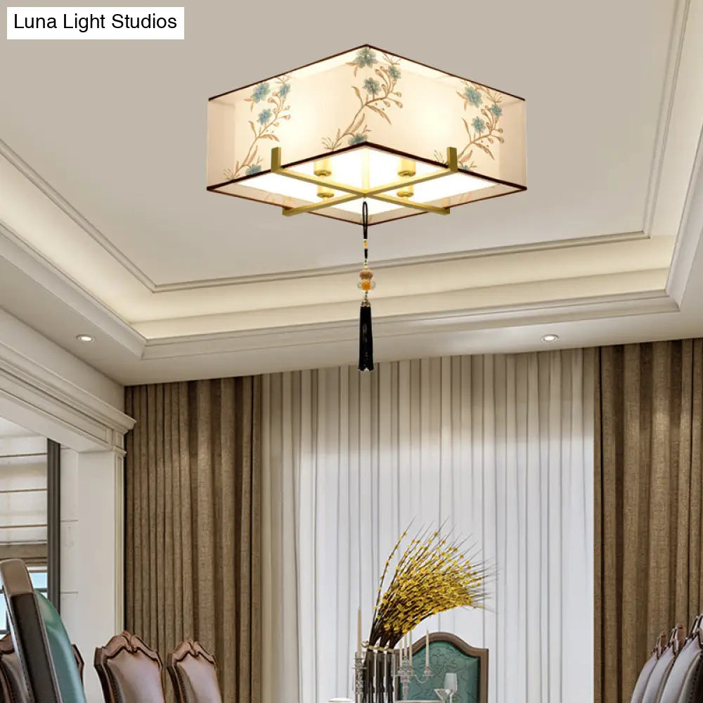 Classic Square Fabric Flush Light: 4 - Light Ceiling Mount For Bedroom (White)