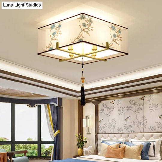 Classic Square Fabric Flush Light: 4-Light Ceiling Mount For Bedroom (White) White