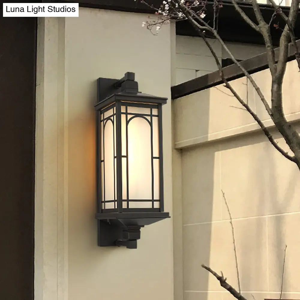 Classic Style Black Lantern Wall Sconce With Opaline Glass - 1-Light Lodge Mount Lighting