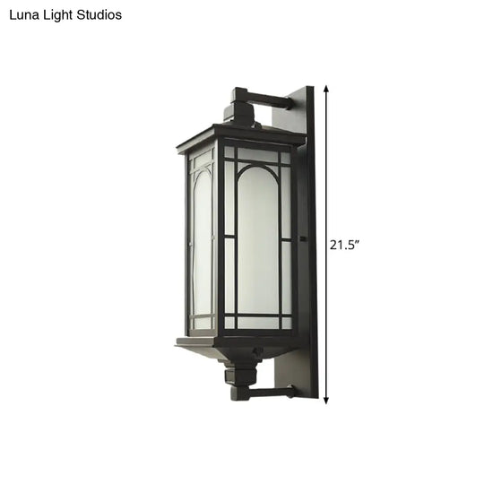 Classic Style Black Lantern Wall Sconce With Opaline Glass - 1-Light Lodge Mount Lighting