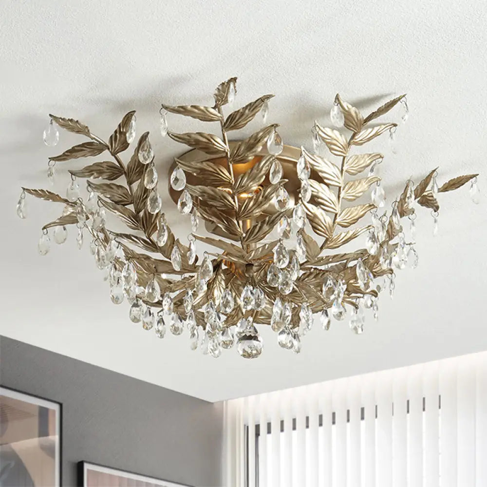 Classic Style Crystal Orb Gold/Black Semi - Flush Mount Leaf Ceiling Light For Bedroom - 10 Heads