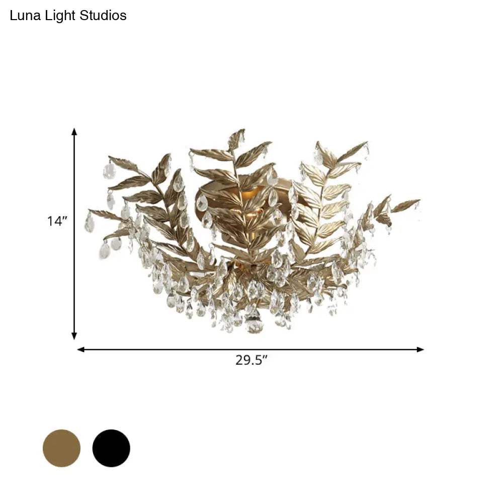 Classic Style Crystal Orb Gold/Black Semi - Flush Mount Leaf Ceiling Light For Bedroom - 10 Heads