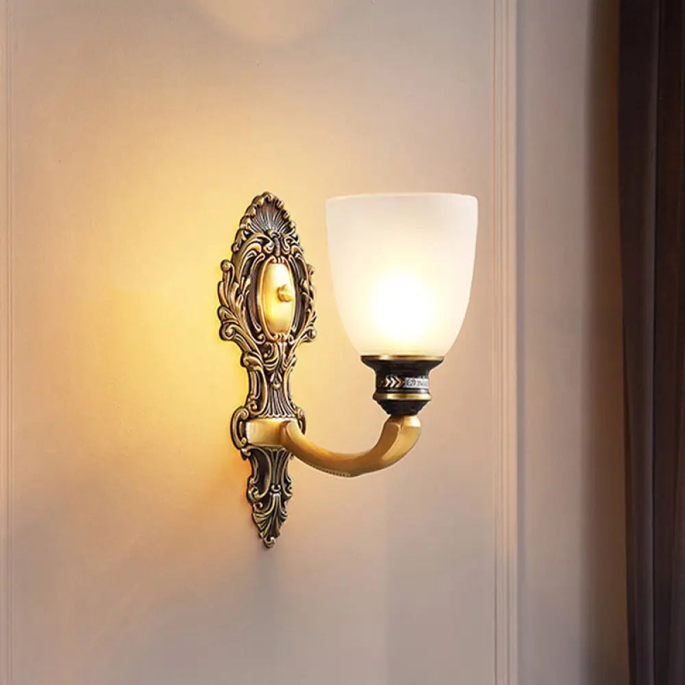 Classic Style Dome Frosted Glass Wall Mount Light Fixture With Brass Finish - 1 Or 2 Head Bedroom