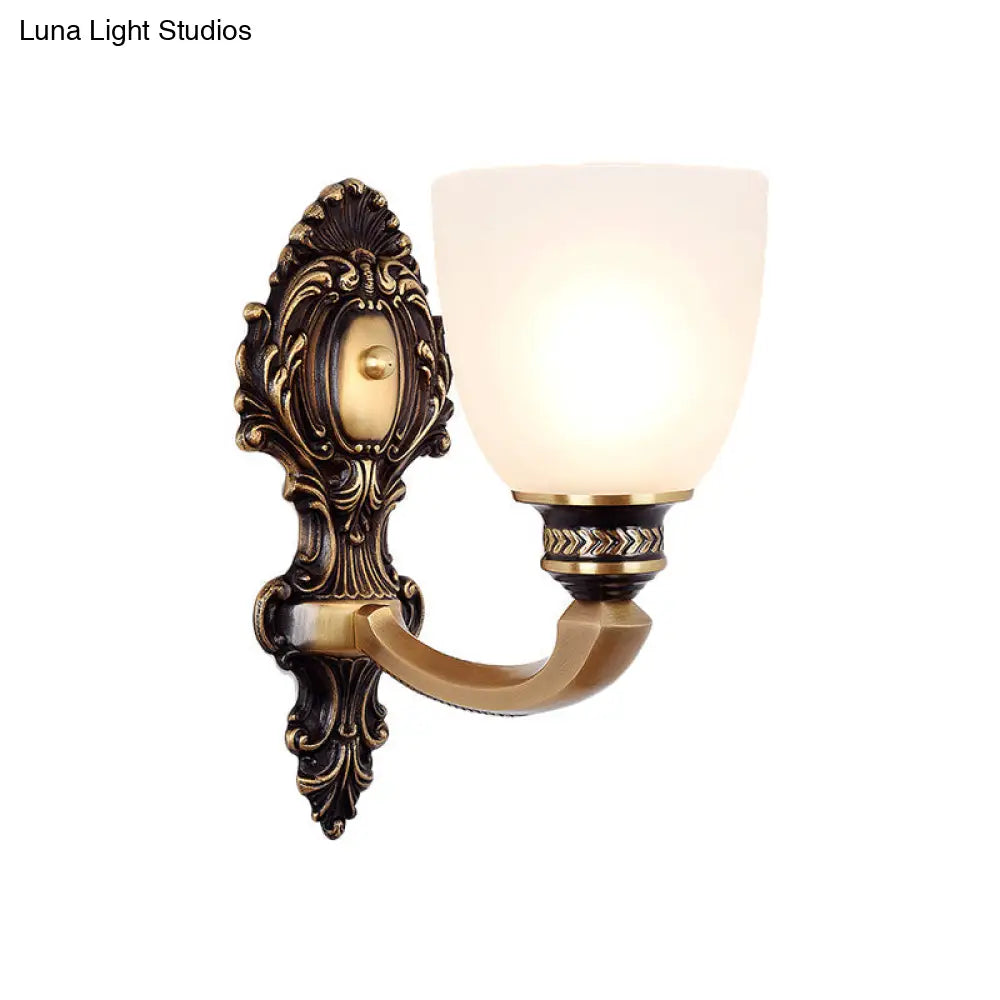 Classic Style Dome Frosted Glass Wall Mount Light Fixture With Brass Finish - 1 Or 2 Head Bedroom